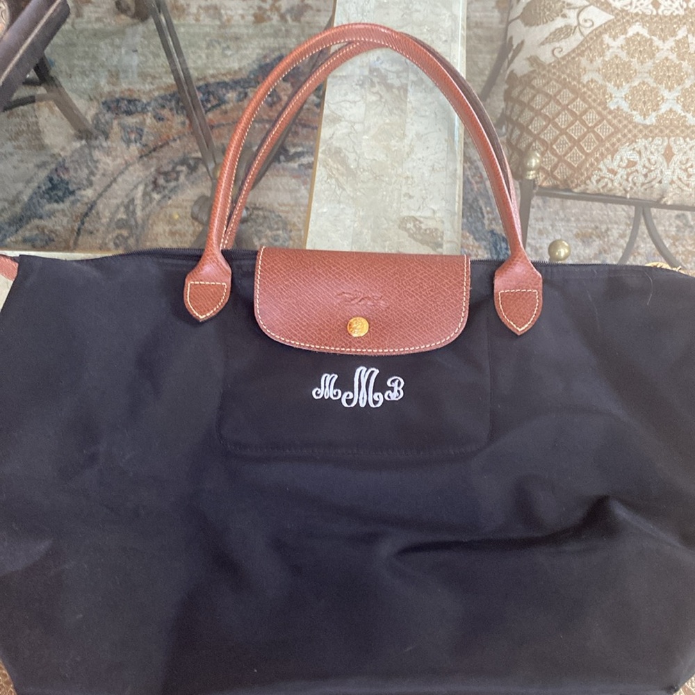Longchamp Black Nylon Tote with Brown Leather Trim
